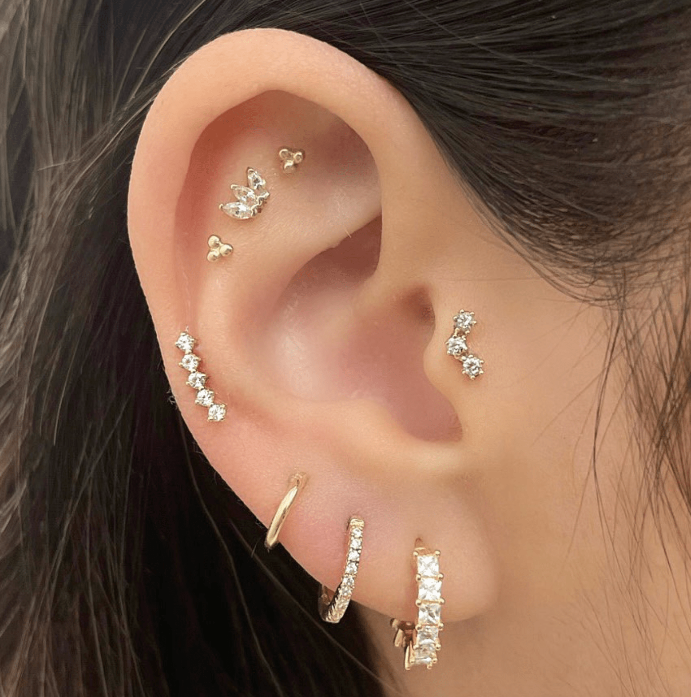 14k Three Prong Cluster Flat back Earring - Threadless - Lulu Ave Body Jewelery